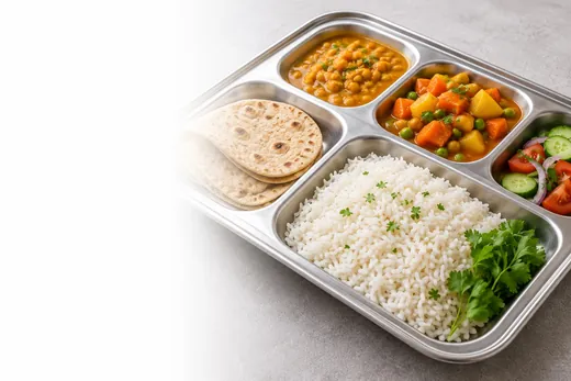 Meal tray with rice, vegetables and chapati