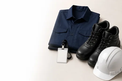 Work uniform, safety shoes, helmet and ID badge