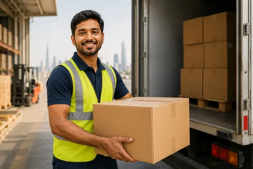 Warehouse helper carrying a box into a delivery truck