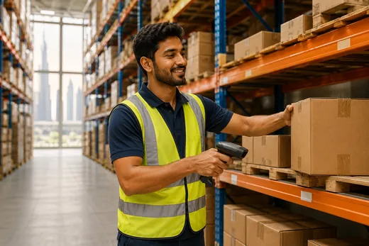 Warehouse helper scanning a box on a storage rack