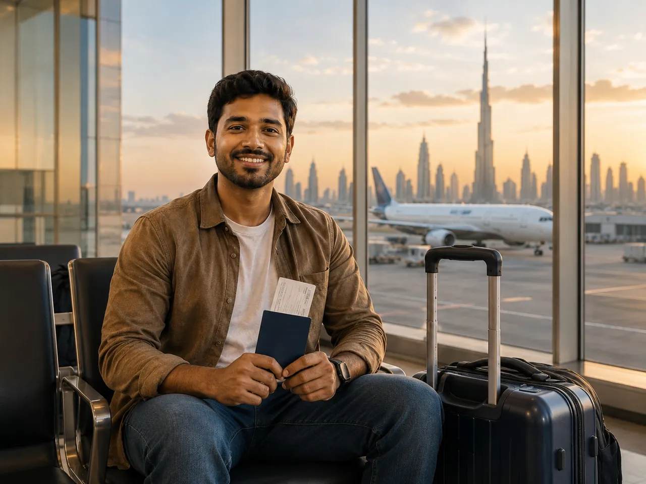 Candidate waiting at the airport with a passport and suitcase before flying to the UAE