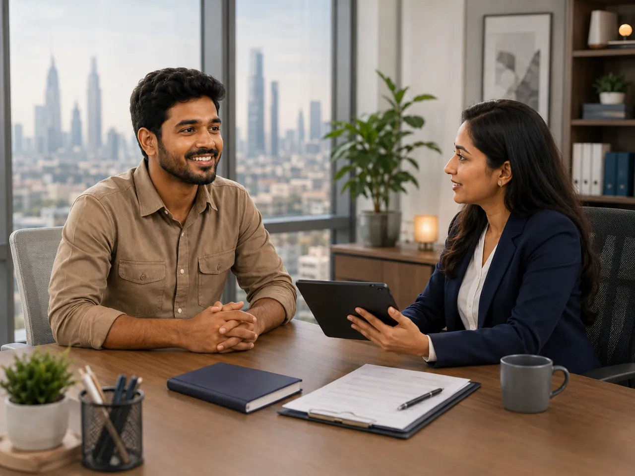 Recruitment consultant explaining the hiring steps to a candidate