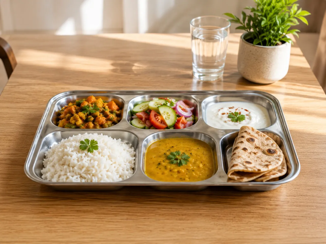 Tray with rice, curry, lentils, salad and chapati