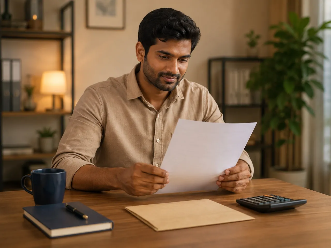 Employee reading a salary statement at a desk