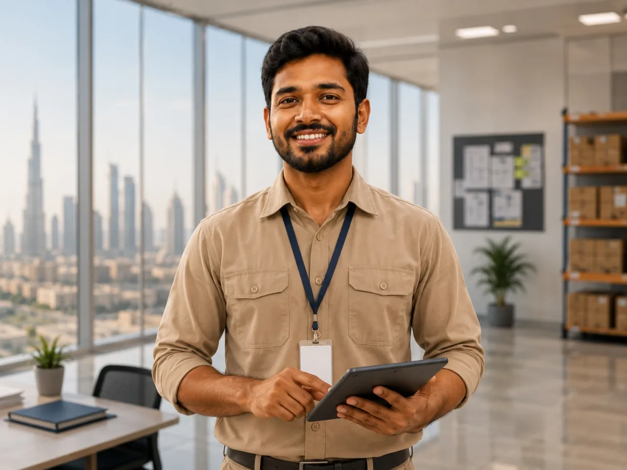 Employee with an ID badge at a modern workplace in Dubai