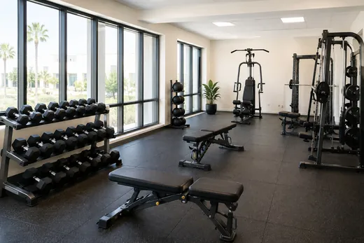 Fitness area with exercise equipment for residents