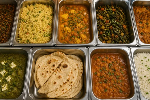 Trays with hot food served in the company canteen