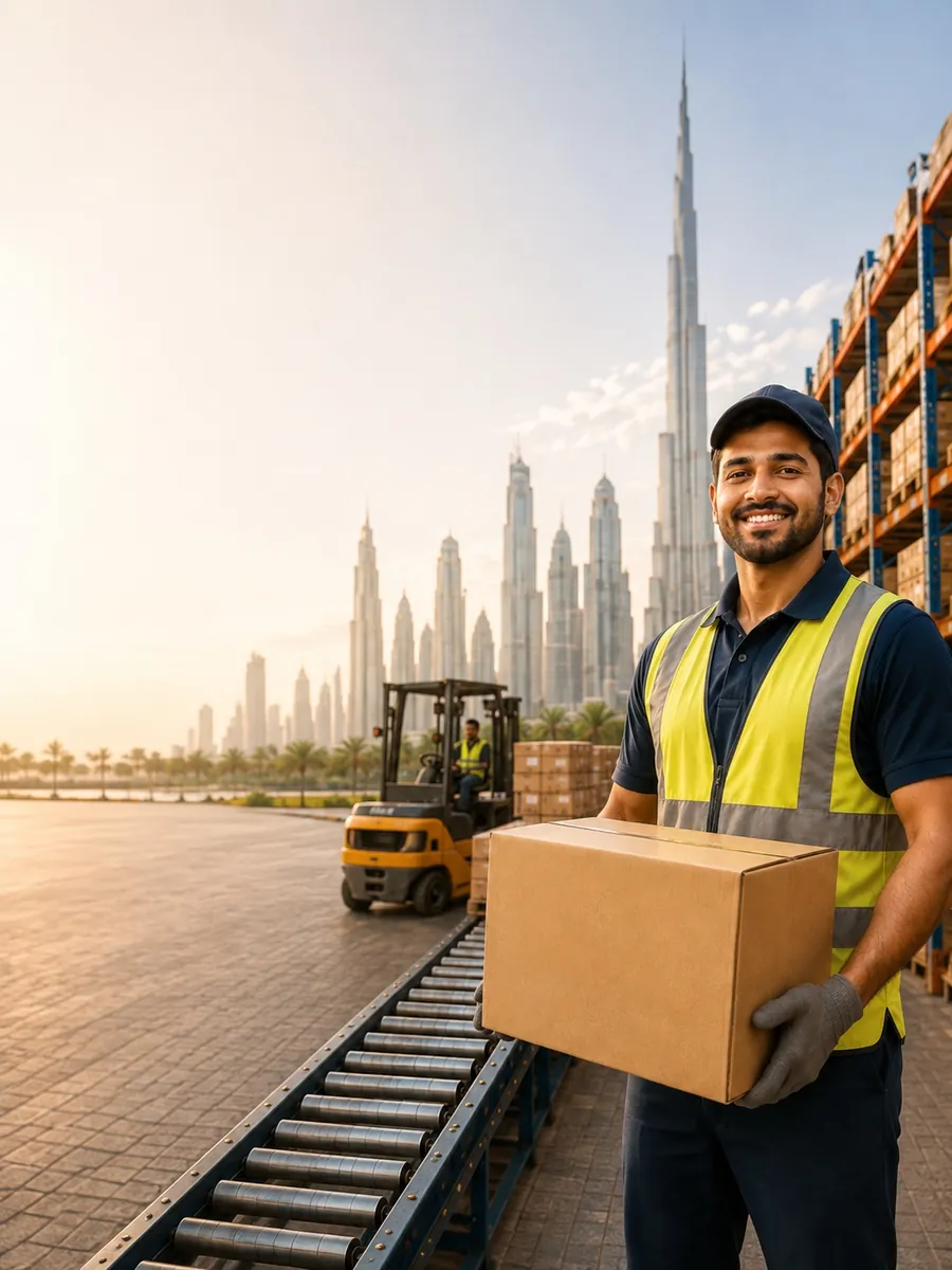 Warehouse worker carrying a parcel in a Dubai logistics warehouse