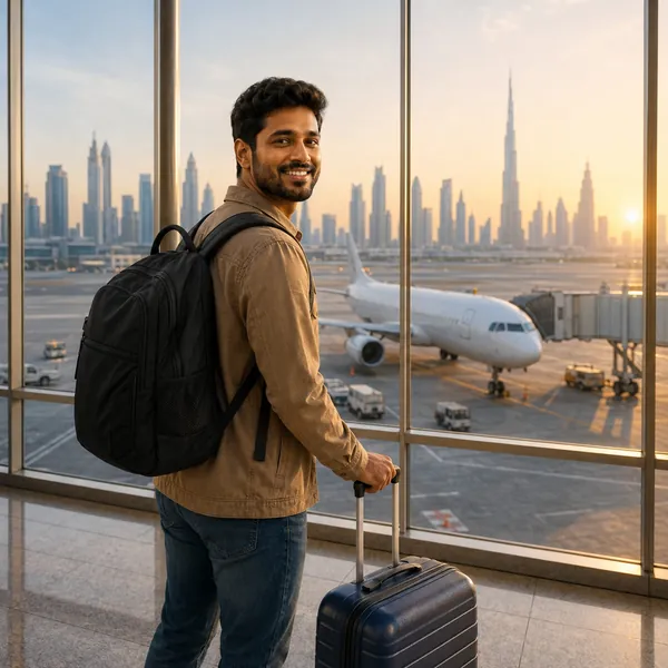 Traveller with a backpack at an airport window before the flight to the UAE