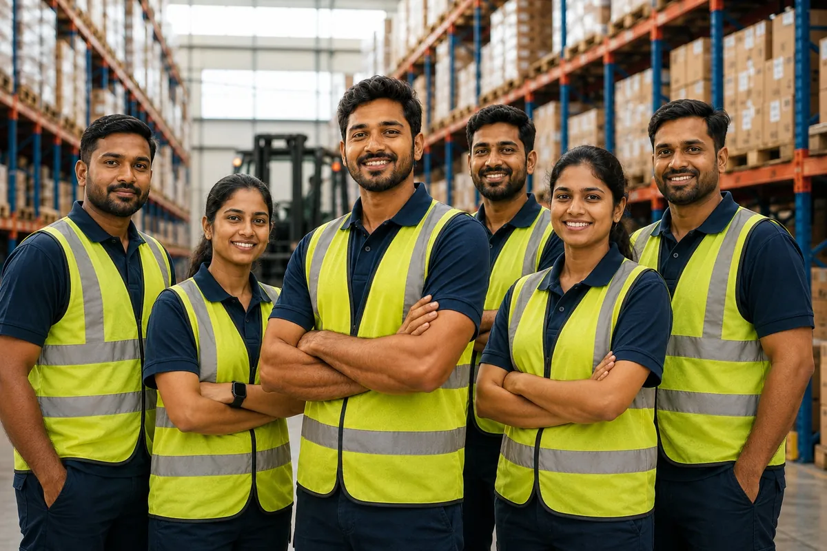 Warehouse team in high-visibility vests standing together in a Dubai warehouse