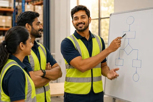 Supervisor explaining a work process on a whiteboard during training