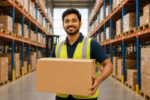 Warehouse worker lifting a cardboard box in a storage aisle