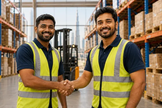 Two warehouse colleagues shaking hands during a shift