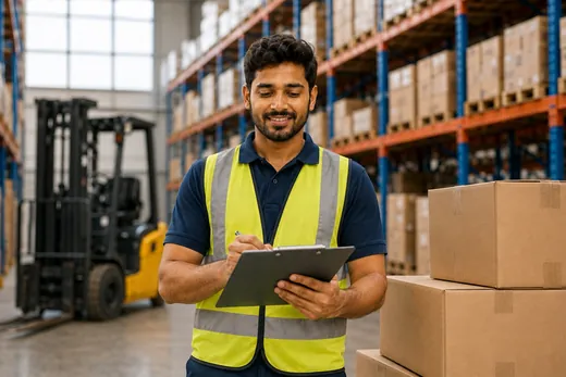 Warehouse worker checking a delivery list on a clipboard